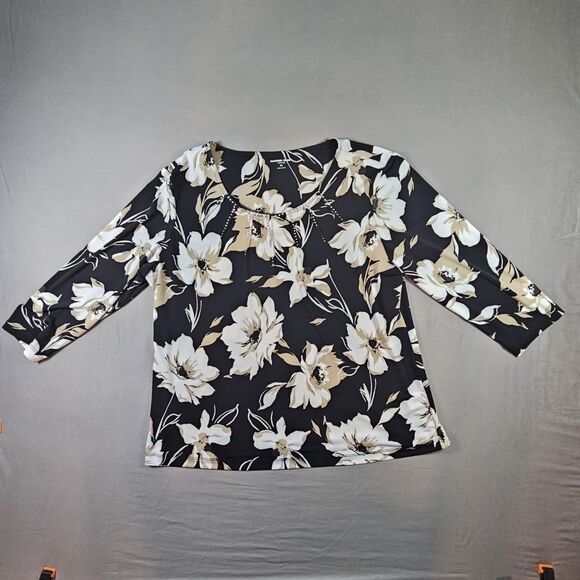 Allison Daley Black Floral Embellished Rhinestone Blouse PXL - Picture 1 of 9